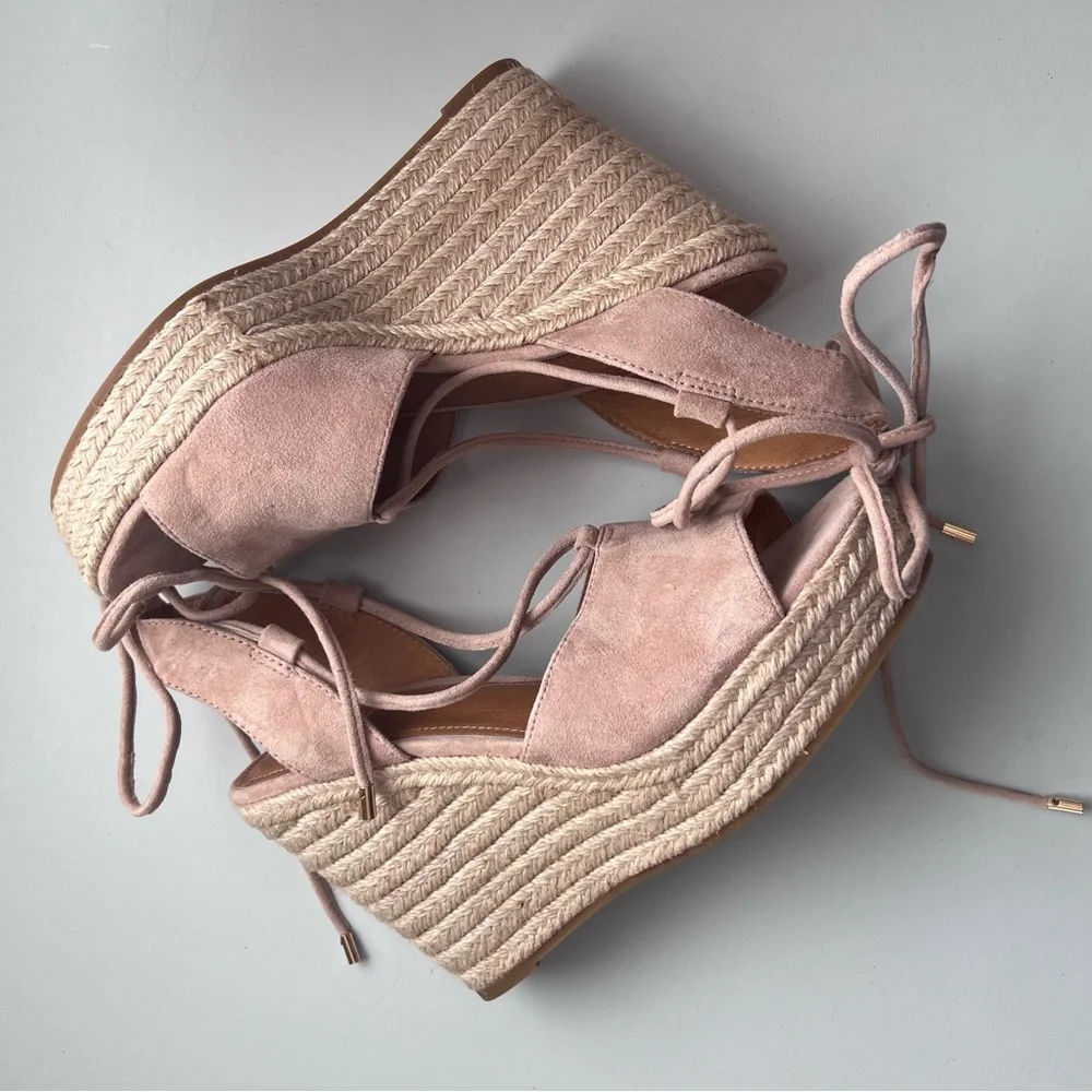 Lace-Up Espadrille Wedge Sandals in Blush